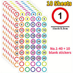 Colorful 1-40 Round Marker Stickers, 2 Per Sticker, Office Document Daily