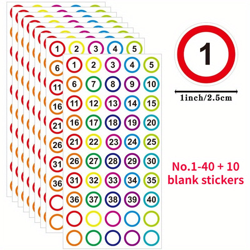 Colorful 1-40 Round Marker Stickers, 2 Per Sticker, Office Document Daily