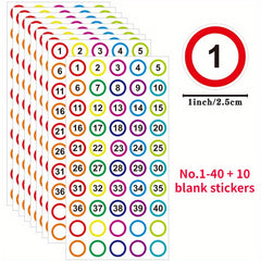 Colorful 1-40 Round Marker Stickers, 2 Per Sticker, Office Document Daily