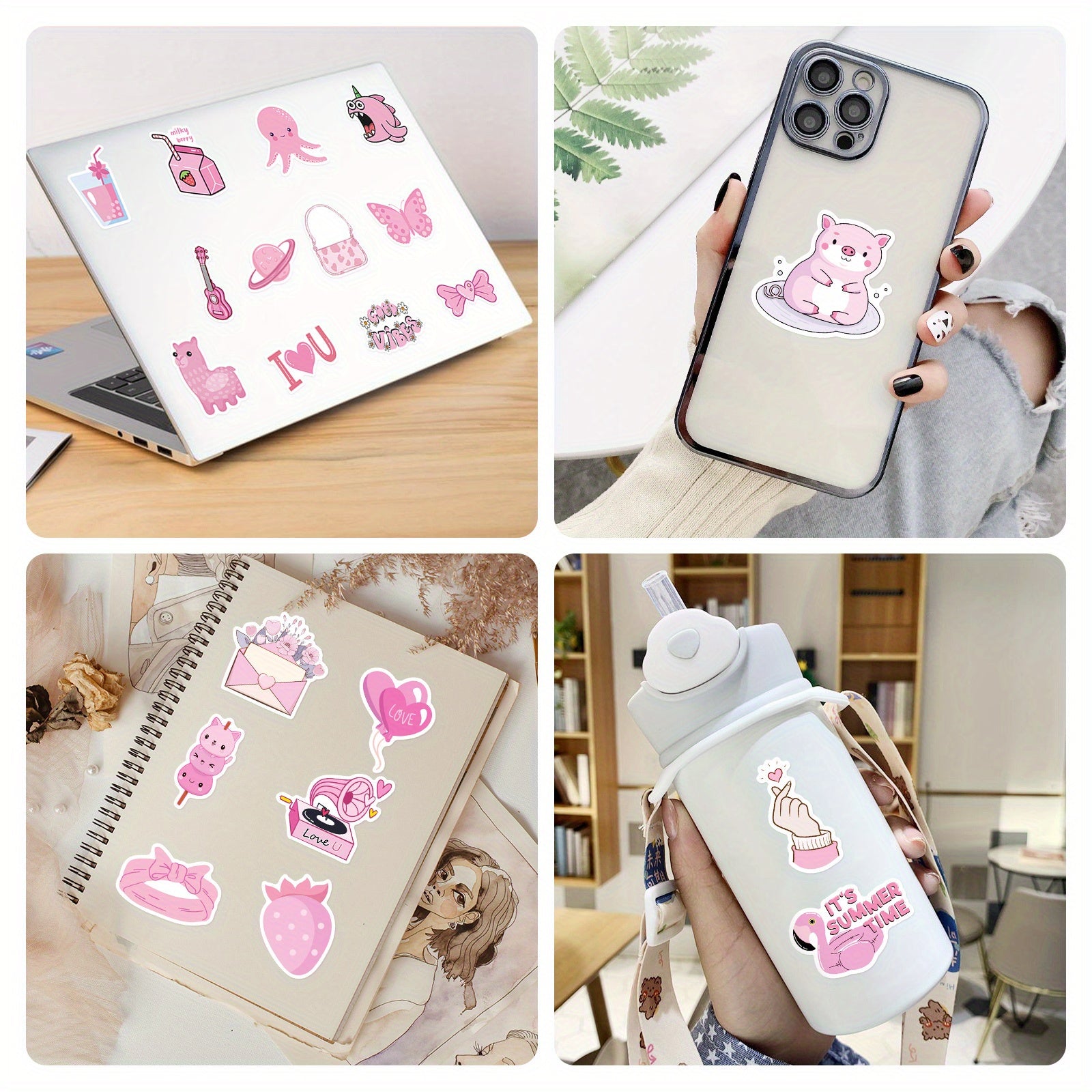 50pcs Pink Lollipop Alpaca Guitar Octopus Waterproof Doodle Sticker