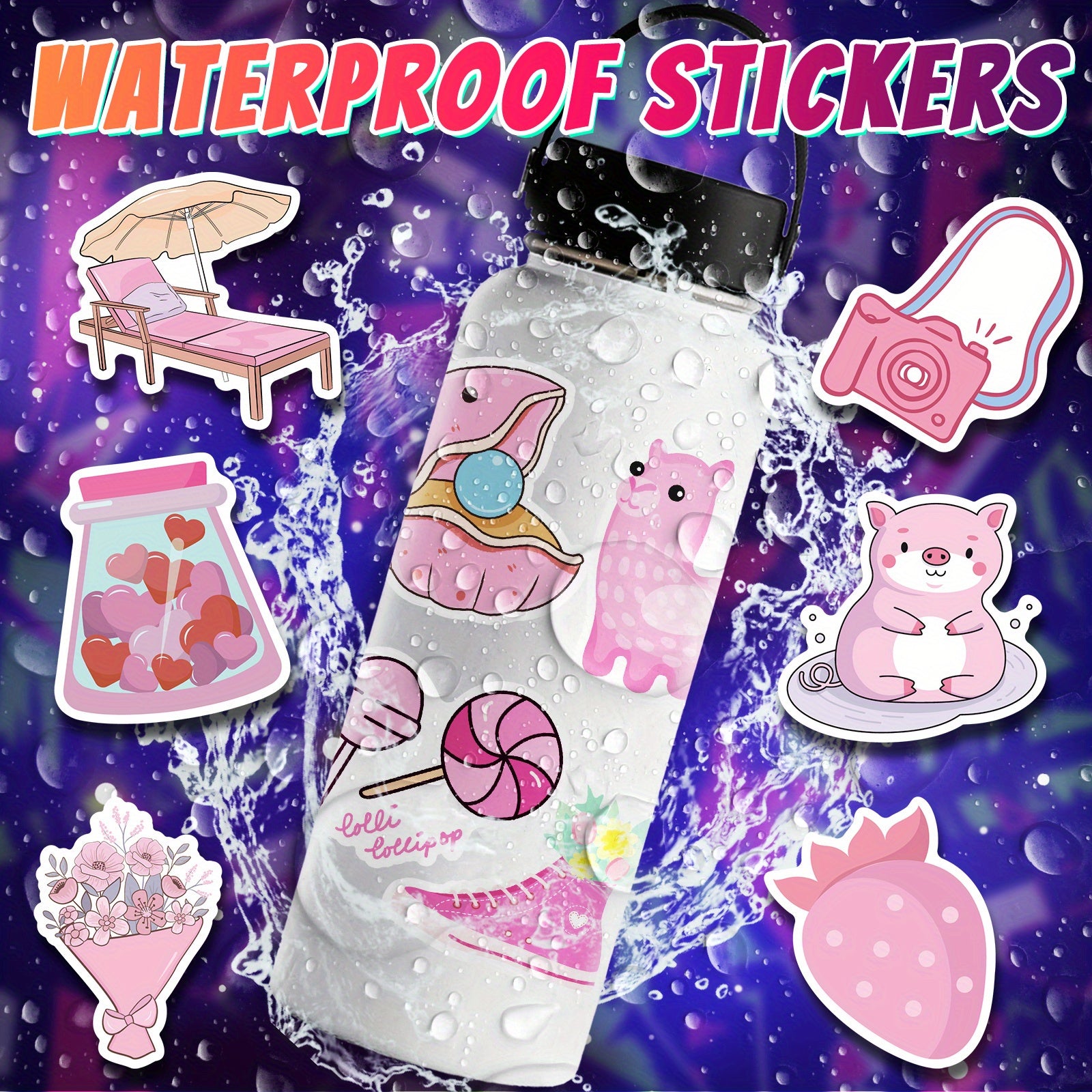 50pcs Pink Lollipop Alpaca Guitar Octopus Waterproof Doodle Sticker