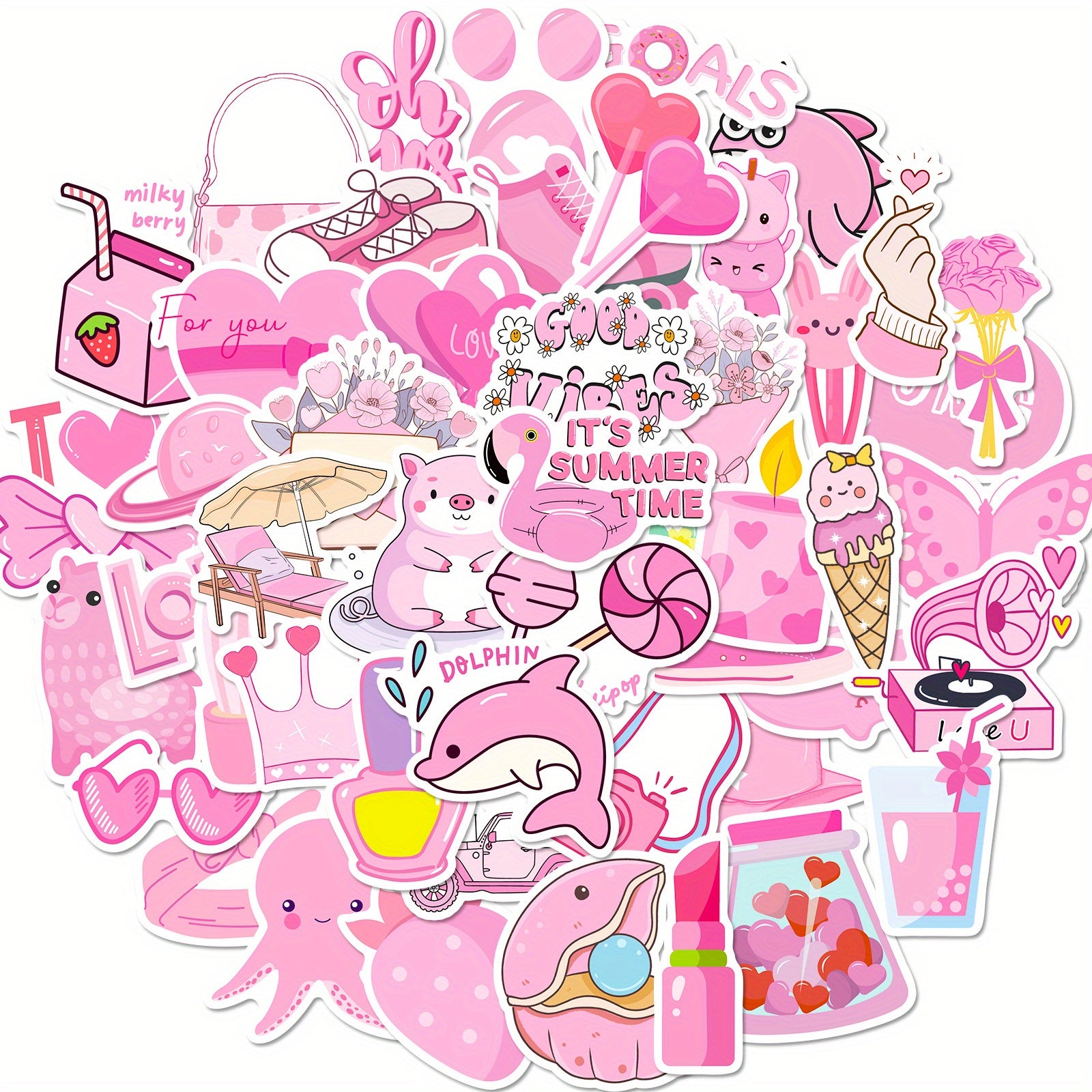 50pcs Pink Lollipop Alpaca Guitar Octopus Waterproof Doodle Sticker