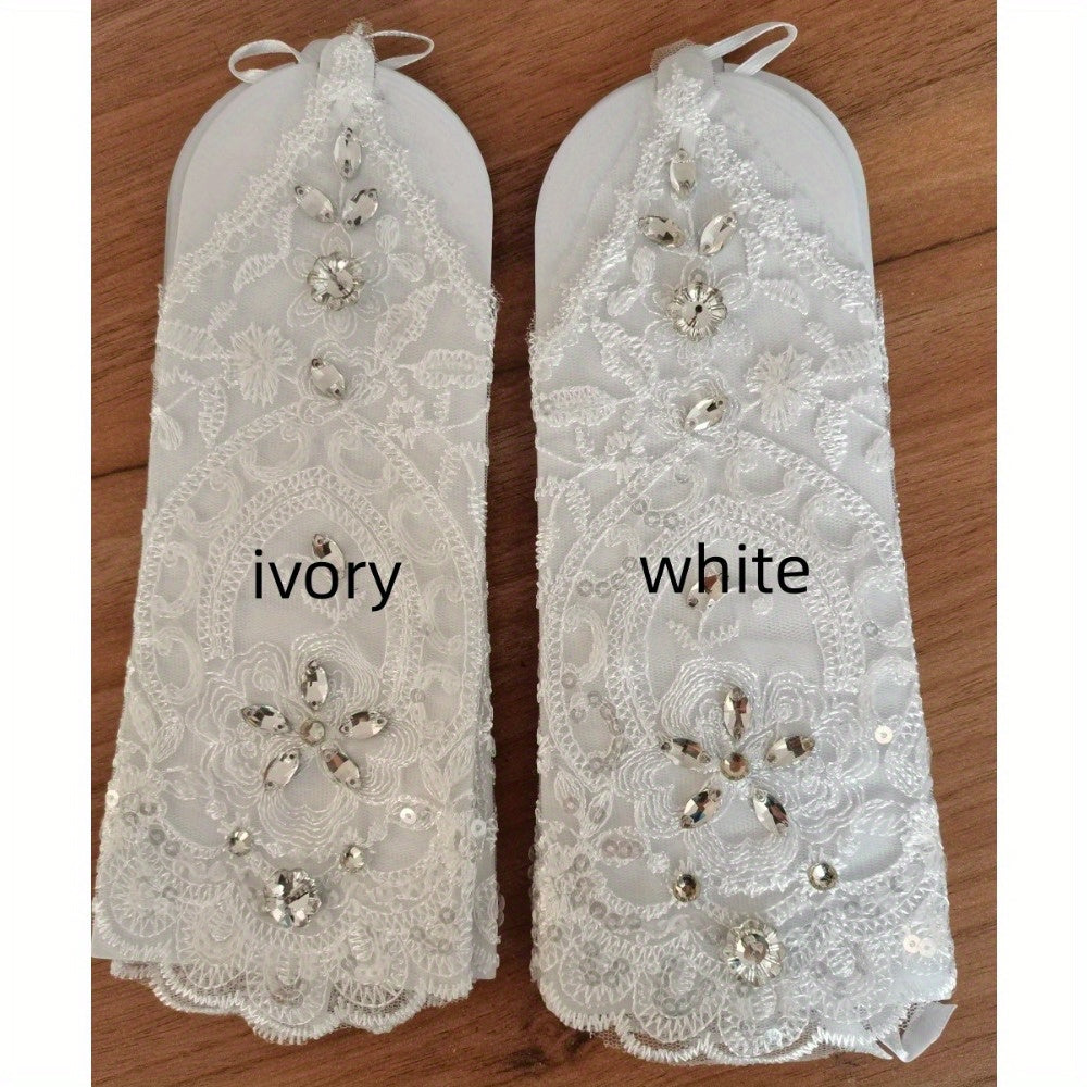 Pisiano Lace Up Gloves with Rhinestones and Sequins Fingerless Bridal Gloves