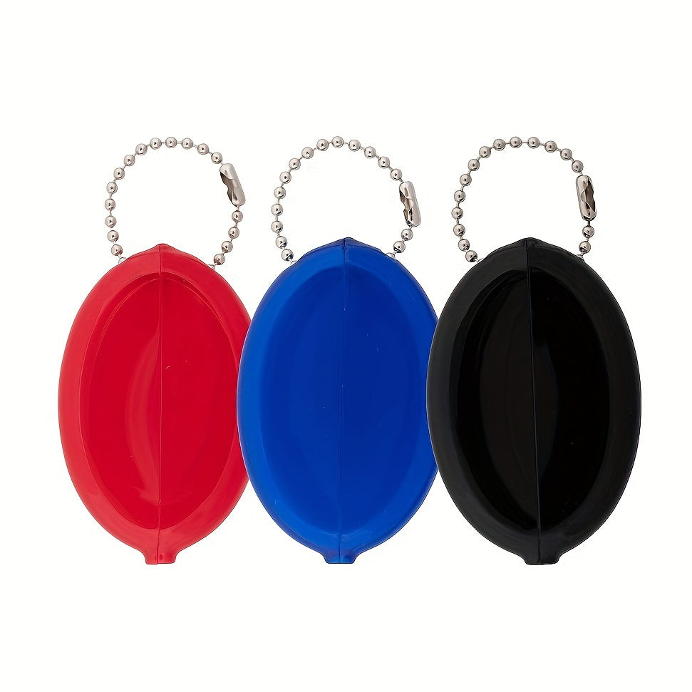 3pcs Oval Rubber Coin Bag Holder with Chain Men Women