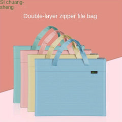 1pc Portable Document Bag A4 Double Layer Zipper Bag Lesson Book