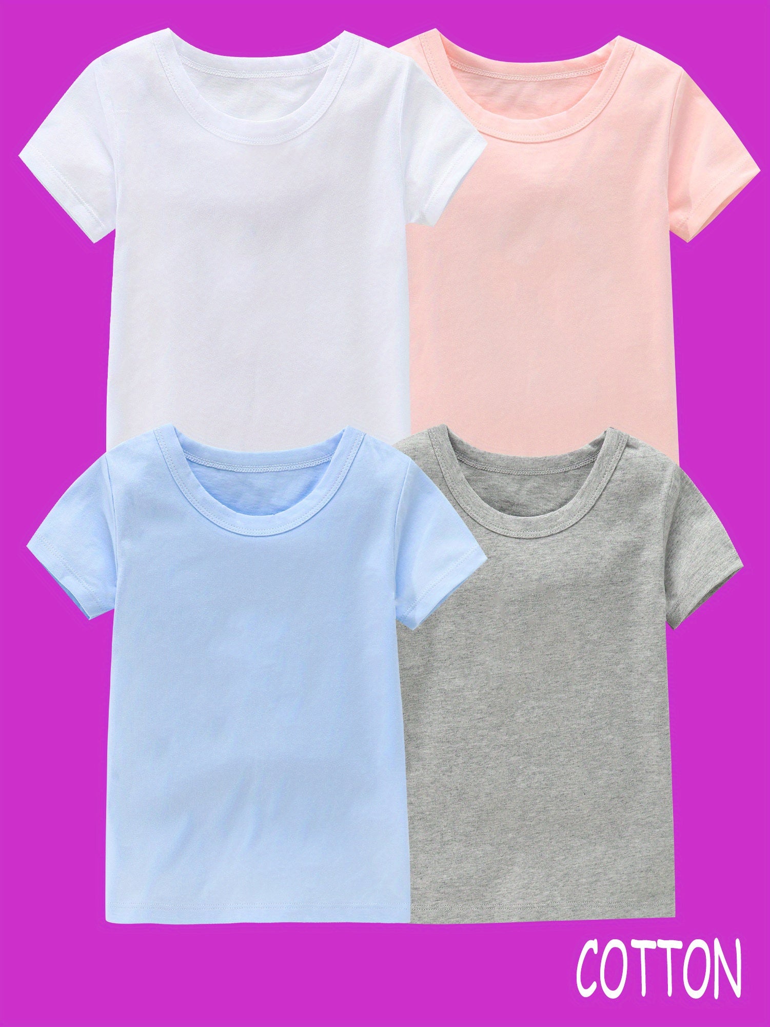 4pcs Girls 100% Cotton Crew Neck Short Sleeve T-shirt Set for Summer