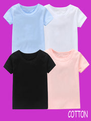 4pcs Girls 100% Cotton Crew Neck Short Sleeve T-shirt Set for Summer