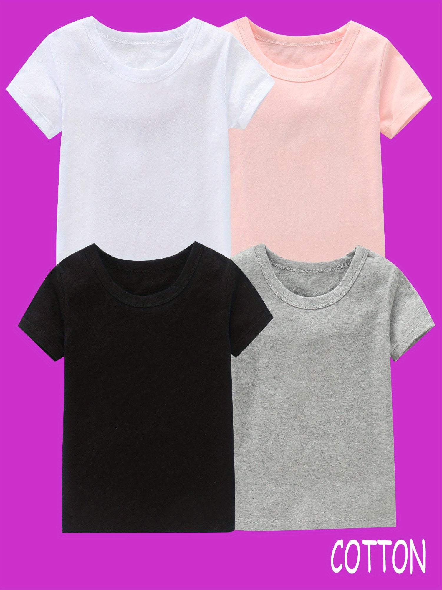 4pcs Girls 100% Cotton Crew Neck Short Sleeve T-shirt Set for Summer