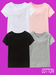 4pcs Girls 100% Cotton Crew Neck Short Sleeve T-shirt Set for Summer
