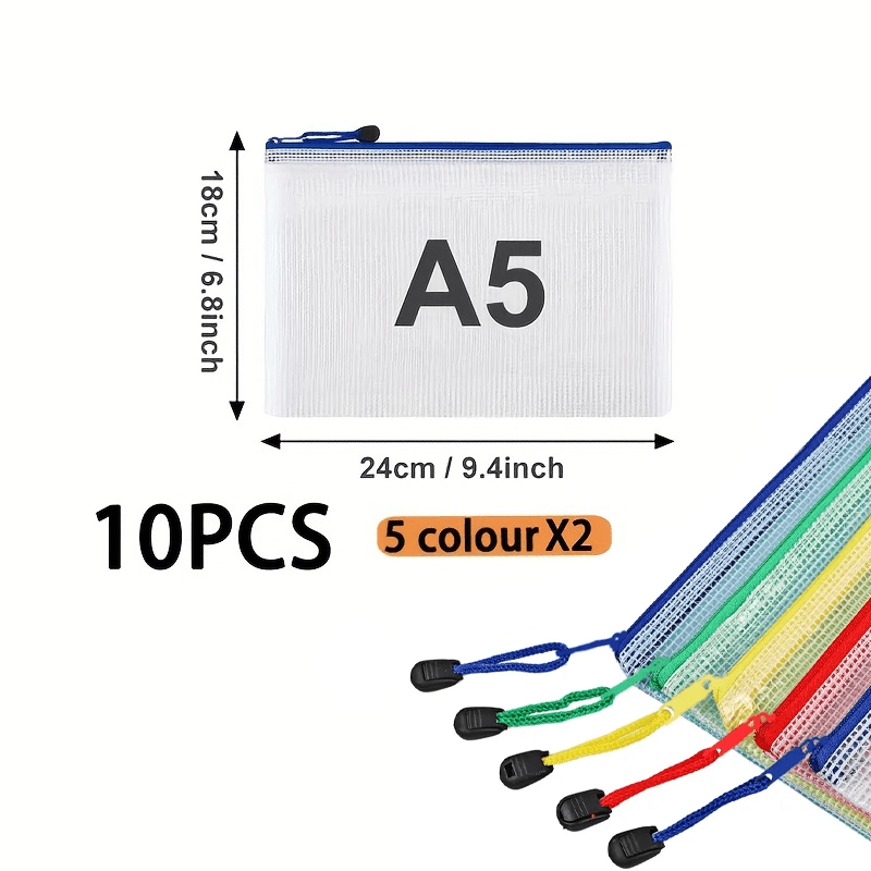 12pcs Multicolor Mesh Waterproof Zipper File Bags A4 A5 A6