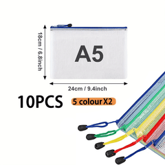 12pcs Multicolor Mesh Waterproof Zipper File Bags A4 A5 A6