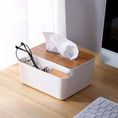 Minimalist Tissue Box with Wooden Lid Remote Control Storage