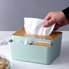 Minimalist Tissue Box with Wooden Lid Remote Control Storage