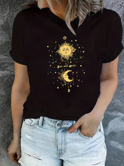 Sun And Moon Print Workout T Shirt Short Sleeve