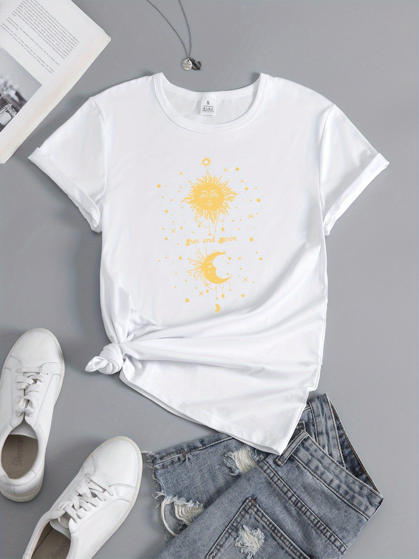 Sun And Moon Print Workout T Shirt Short Sleeve