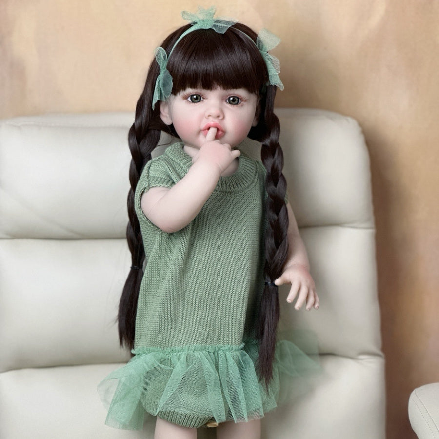 Realistic Reborn Princess Doll with Green Knitted Dress Long Braided Hair
