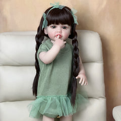 Realistic Reborn Princess Doll with Green Knitted Dress Long Braided Hair