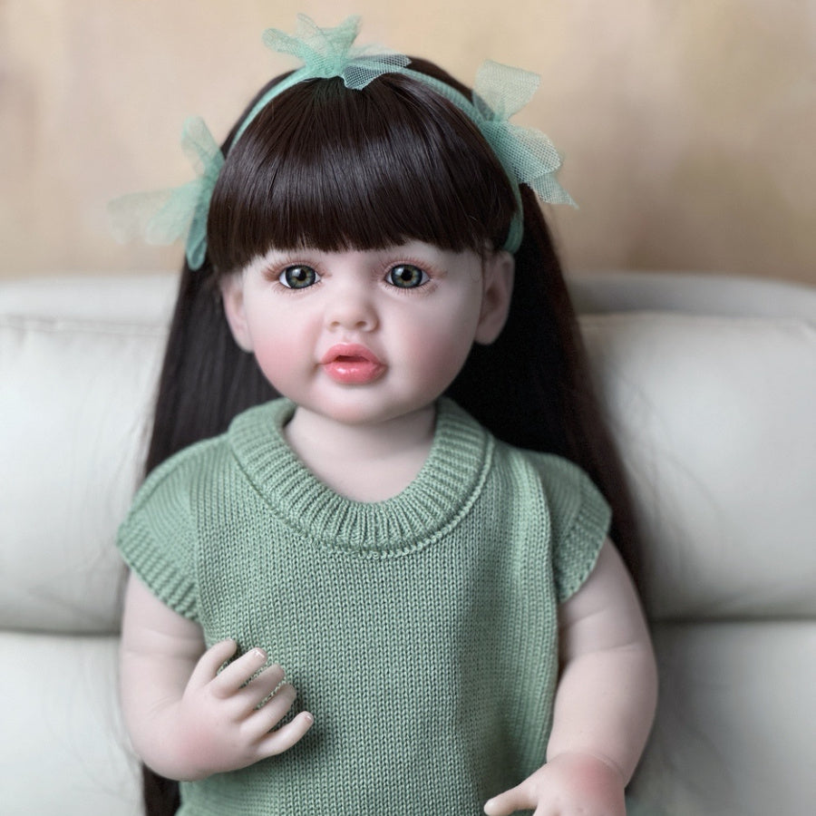 Realistic Reborn Princess Doll with Green Knitted Dress Long Braided Hair
