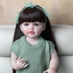Realistic Reborn Princess Doll with Green Knitted Dress Long Braided Hair
