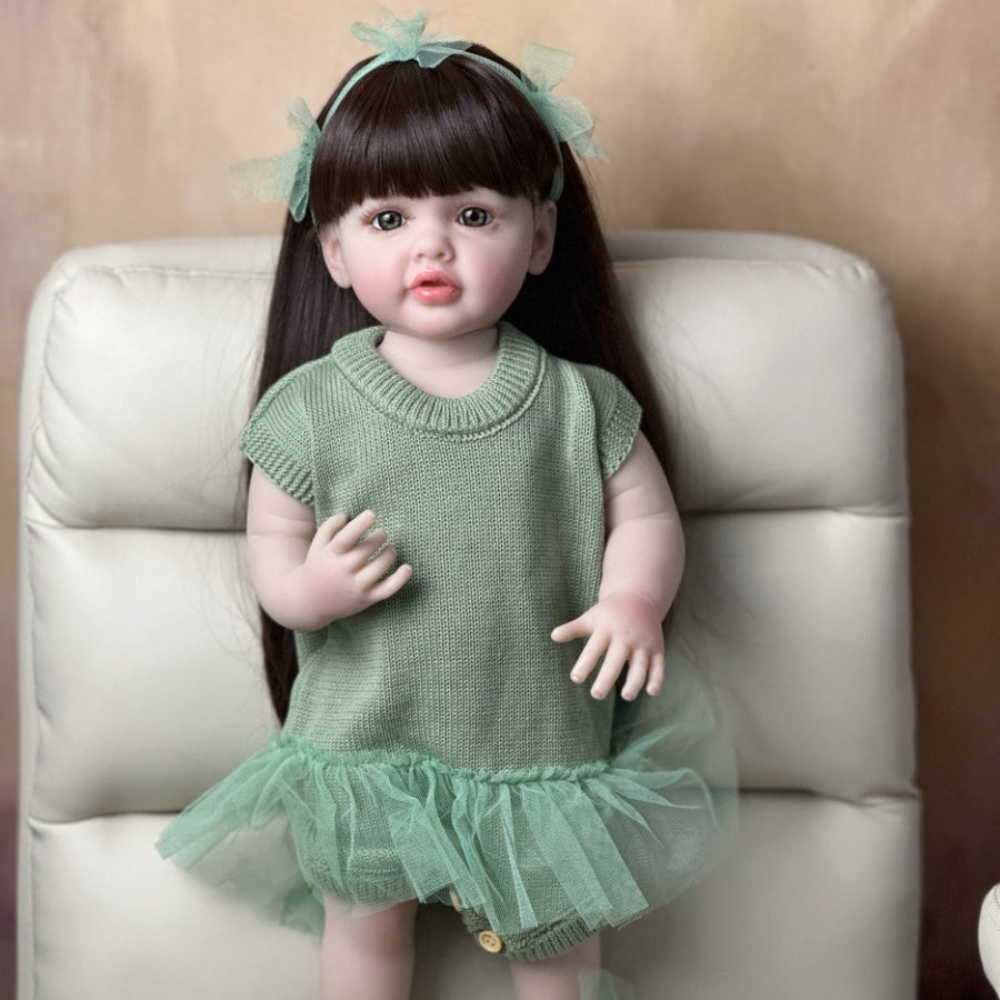Realistic Reborn Princess Doll with Green Knitted Dress Long Braided Hair