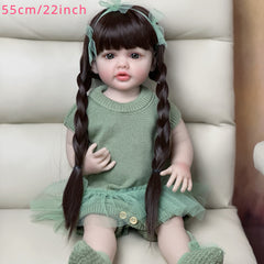 Realistic Reborn Princess Doll with Green Knitted Dress Long Braided Hair