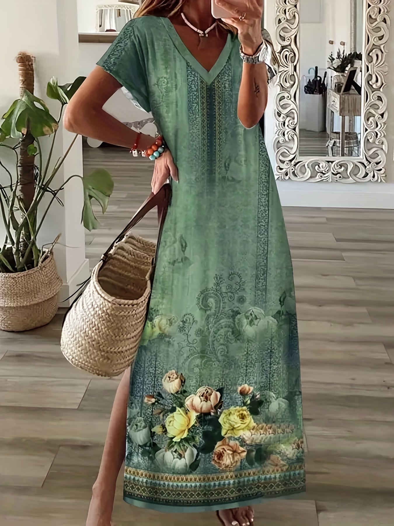 Floral Print V Neck Dress with Side Split