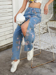 Front Split Pink Floral Print High Rise Denim Pants