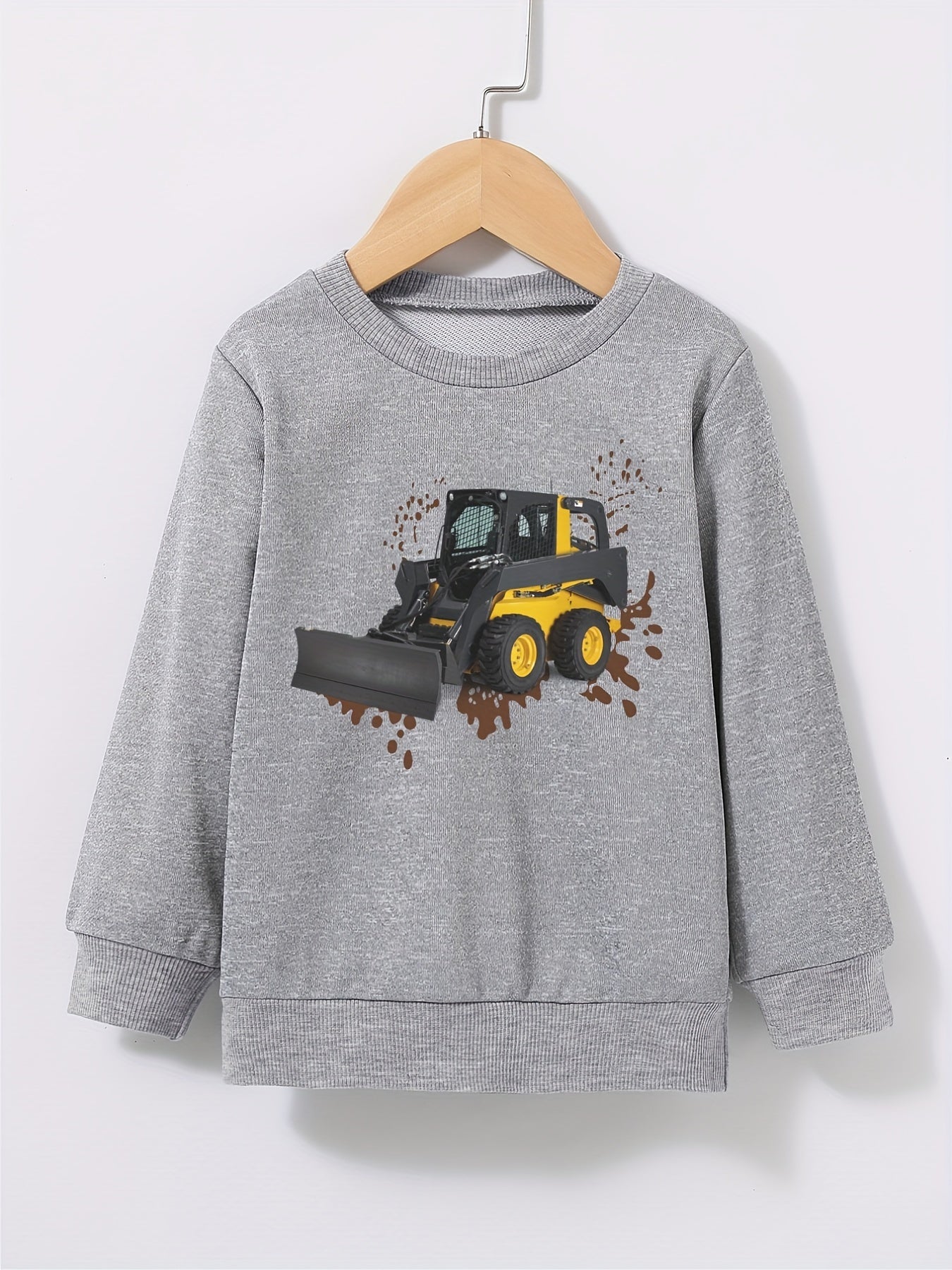 Excavator Mud Road Print Boys Sweatshirt Long Sleeve Crew Neck Tops
