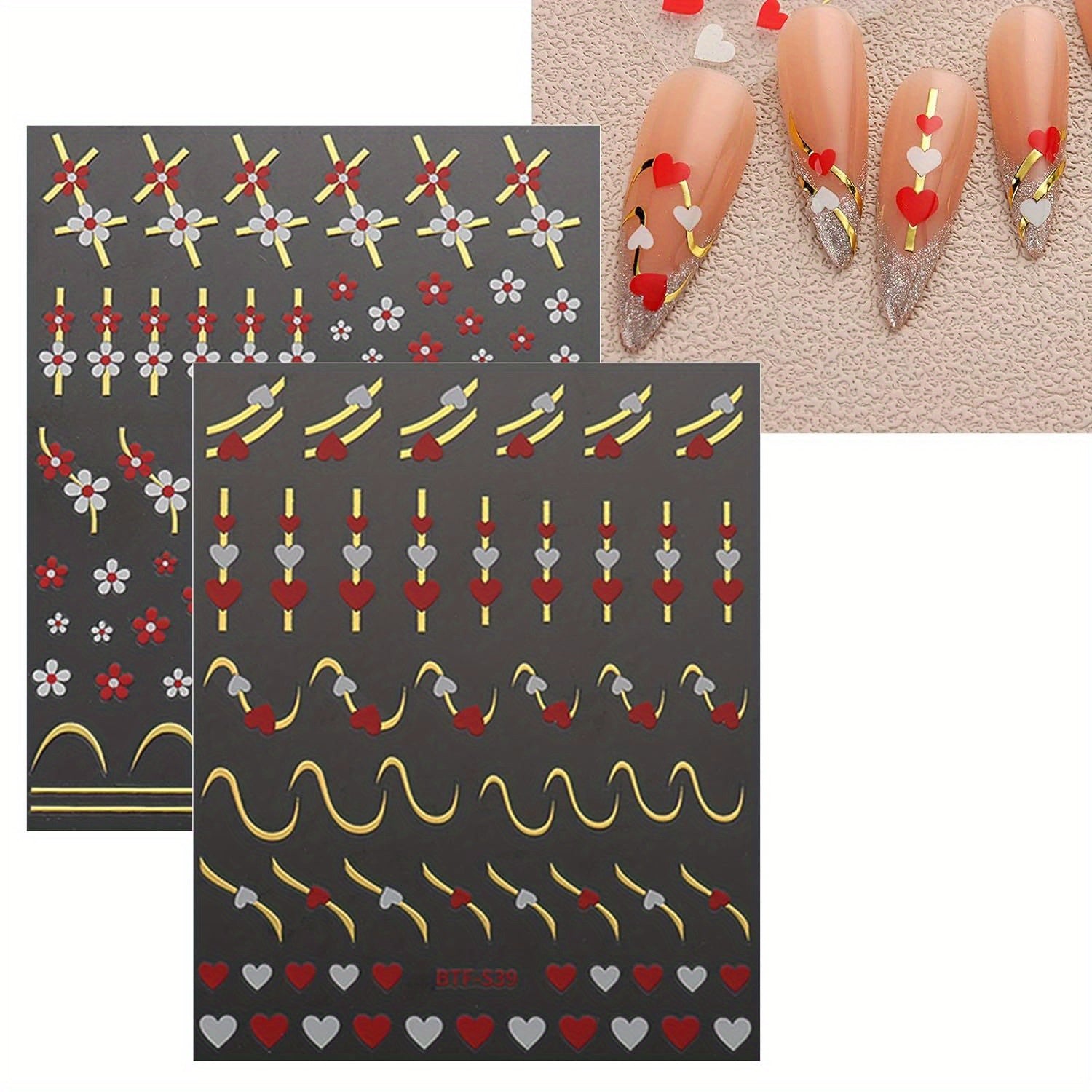 9 Sheets Heart Line Flower Nail Art Stickers Self Adhesive Nail Supplies