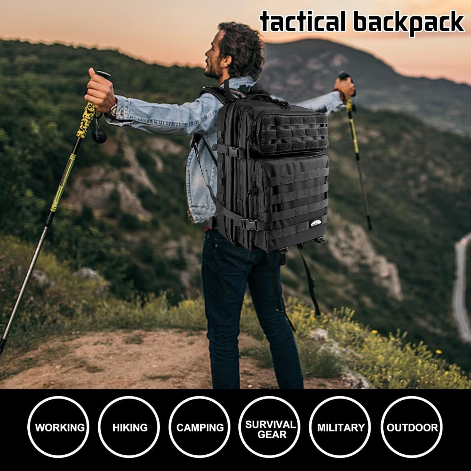 45L Backpack Men Camping Hiking Daypack with Water Bottle Pouch