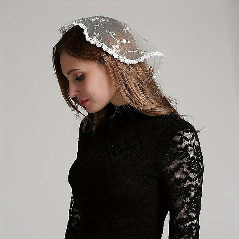 Women's Bridal Veil Short Floral Embroidery Lace Trim Single Layer Headpiece
