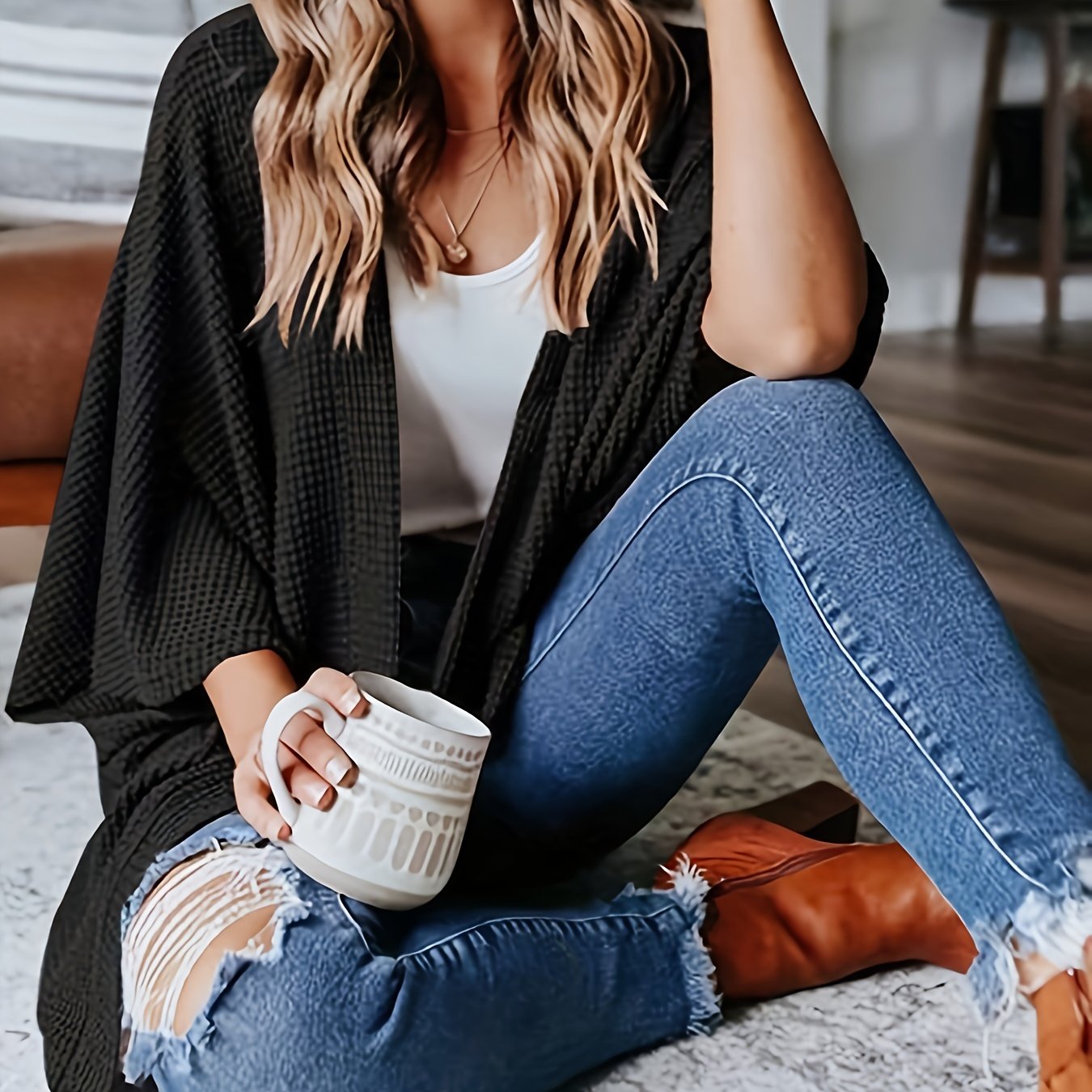 Solid Waffle Pattern Cardigan