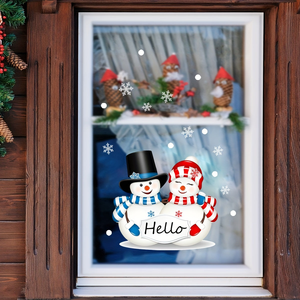 Christmas Two Snowmen Hello Wall Stickers Double Sided Visual Glass Stickers