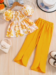 Girls Floral Print Shirred Shirt & Flared Pants Set