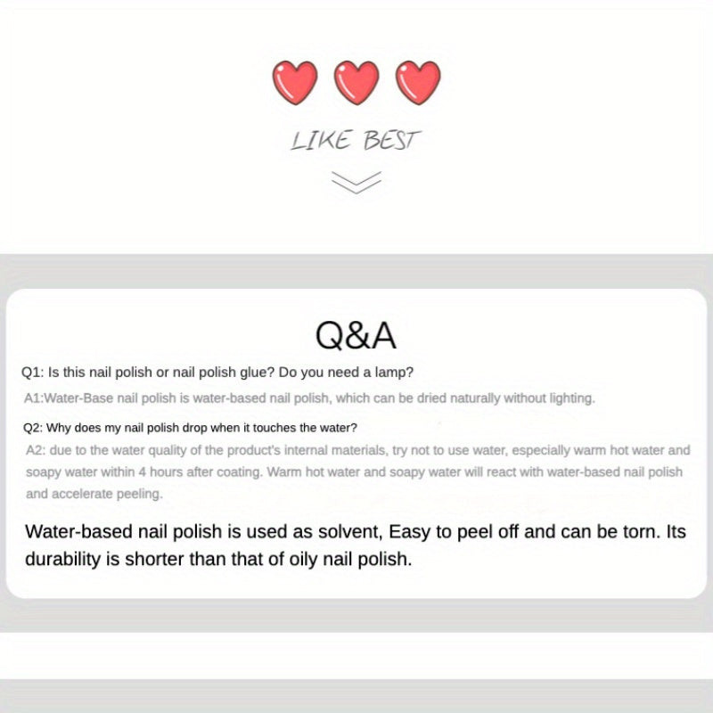 2 Pack Water Based Nail Polish Quick Dry Long Lasting Peel Off 10ml