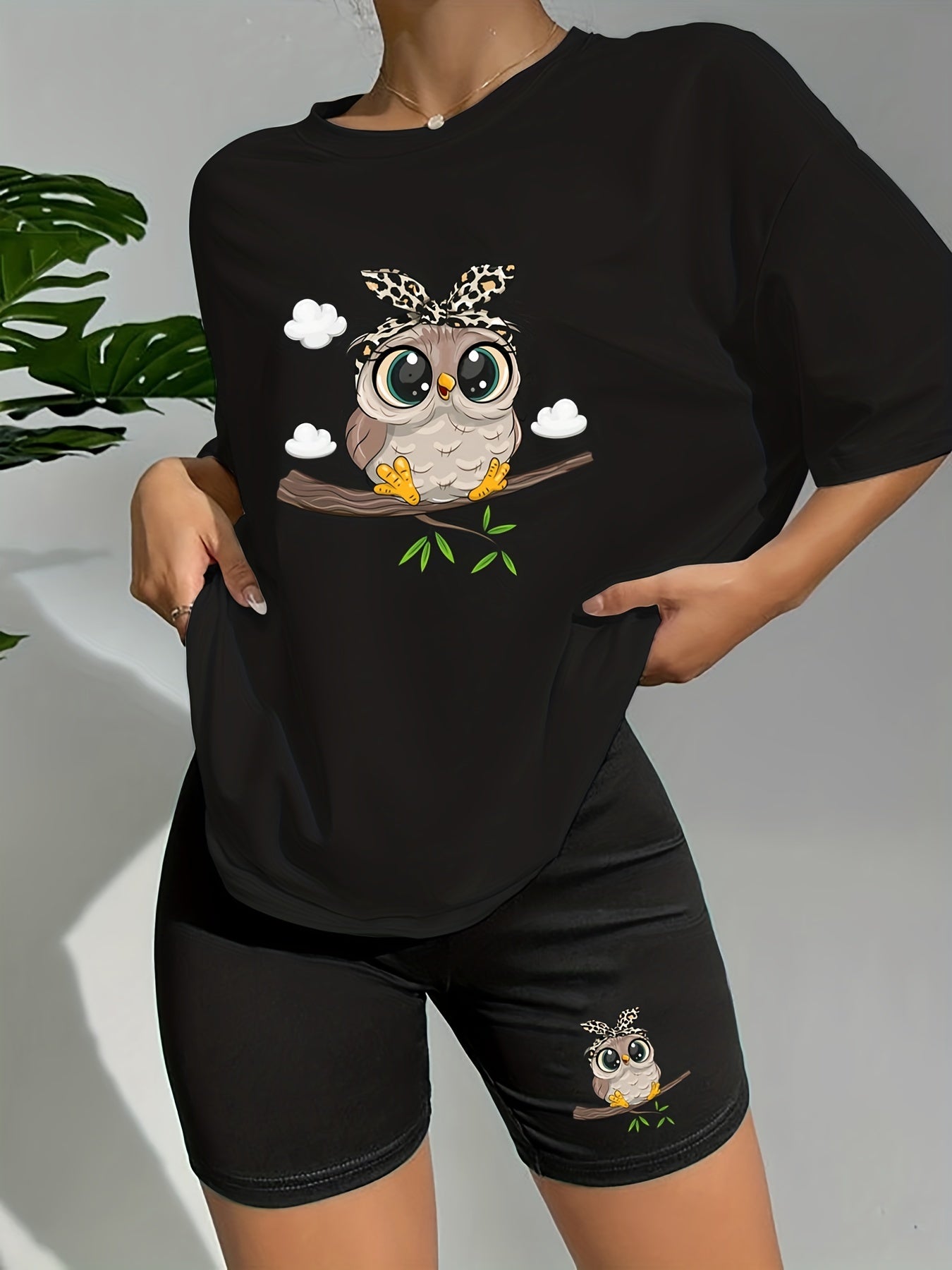 Owl Print Lounge Set Short Sleeve Crew Neck Top & Elastic Shorts