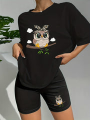 Owl Print Lounge Set Short Sleeve Crew Neck Top & Elastic Shorts