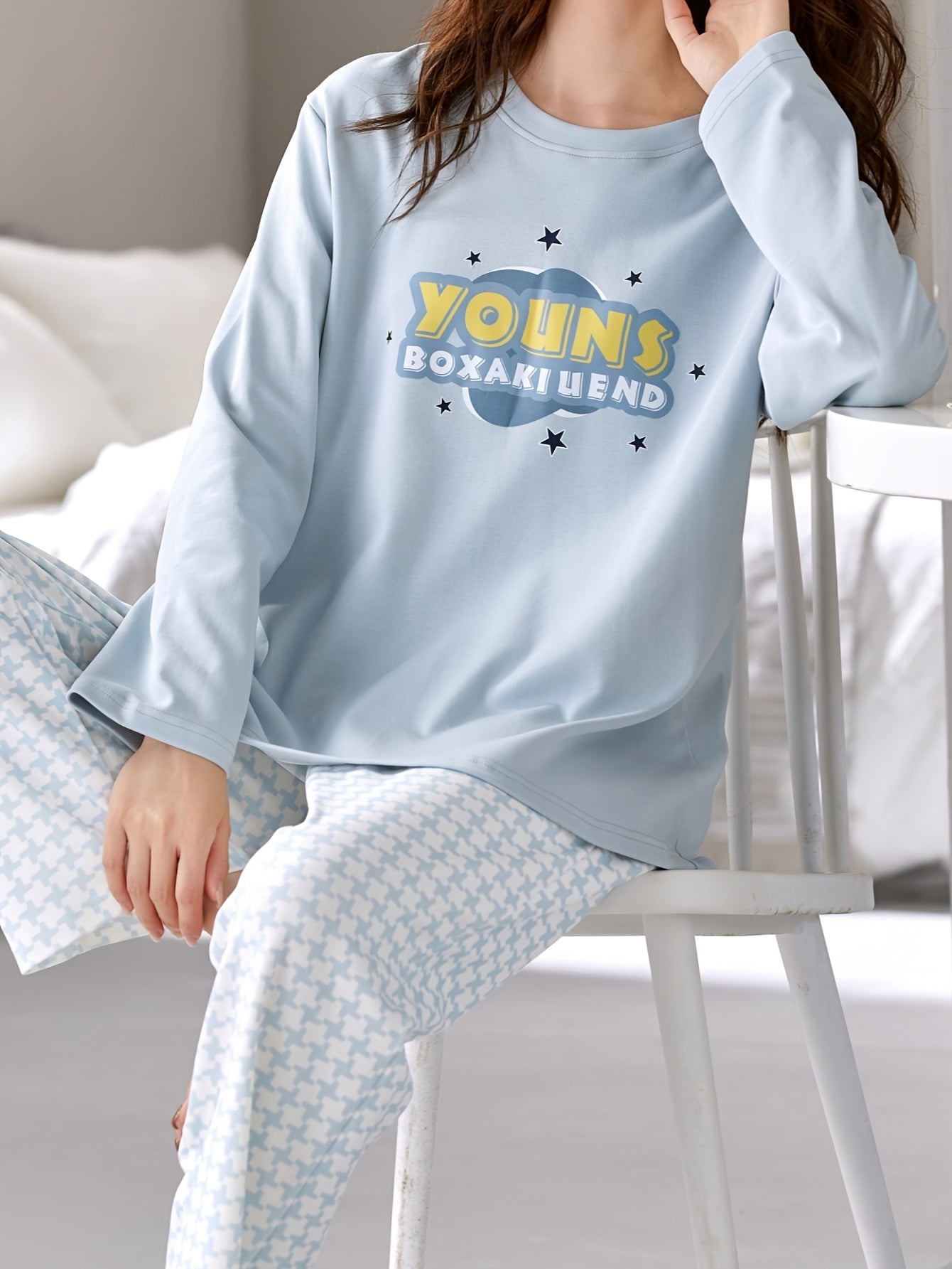 Letter Print Lounge Set Long Sleeve Crew Neck Top & Pants