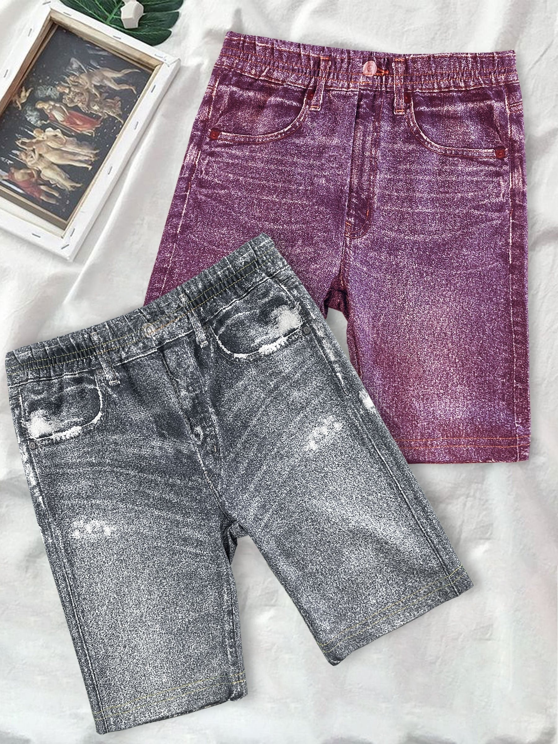 2pcs Girls' Denim Graphic Bike Shorts for Summer
