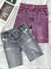2pcs Girls' Denim Graphic Bike Shorts for Summer