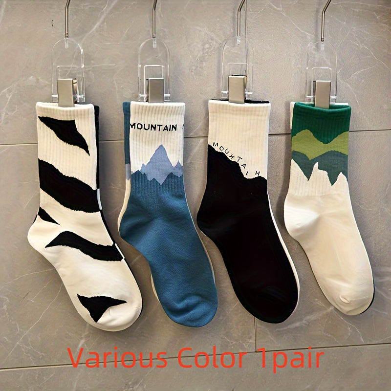 Teen's Block Illustration Crew Socks x4 Breathable Casual Unisex Socks