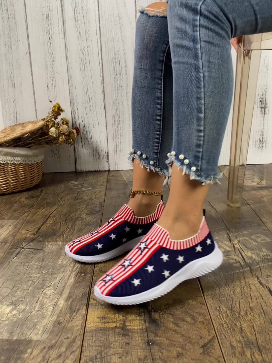 Women's Star & Stripe Pattern Slip on Walking Shoes Independence Flying