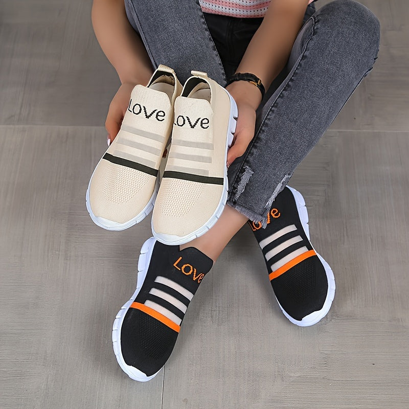 Women's Breathable Slip-On Sneakers LOVE Pattern Stripe Elastic Outdoor Shoes