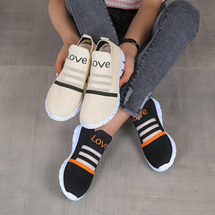 Women's Breathable Slip-On Sneakers LOVE Pattern Stripe Elastic Outdoor Shoes