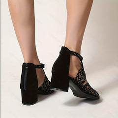Chunky Heeled Rhinestone Sandals Peep Toe Mid Heels