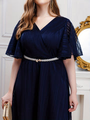 Solid V Neck Maxi Party Dress With Belt