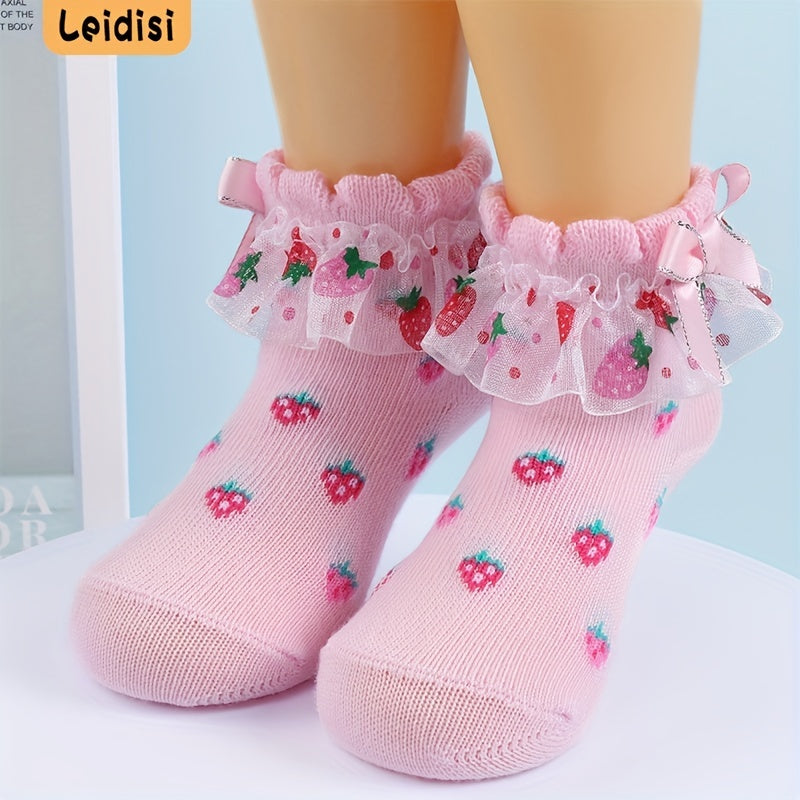 3 Pairs Baby Girl Lace Socks Strawberry Pattern Bowknot Socks