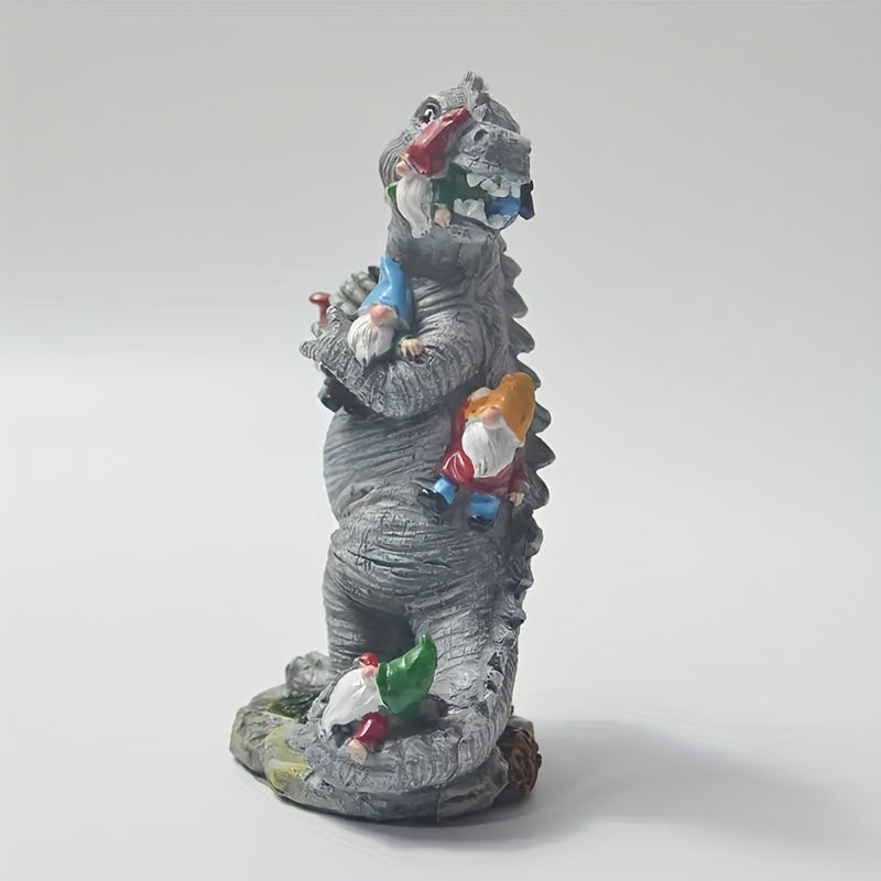 Dinosaur Eating Gnome Statue for Garden Decor