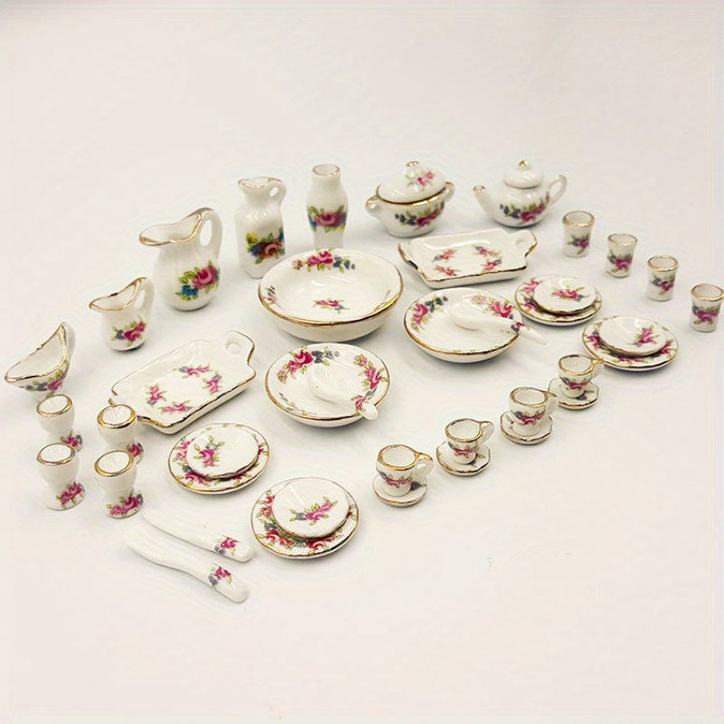 40pcs Chinese Style Ceramic Tea Set Dollhouse Decor Photo Prop Doll