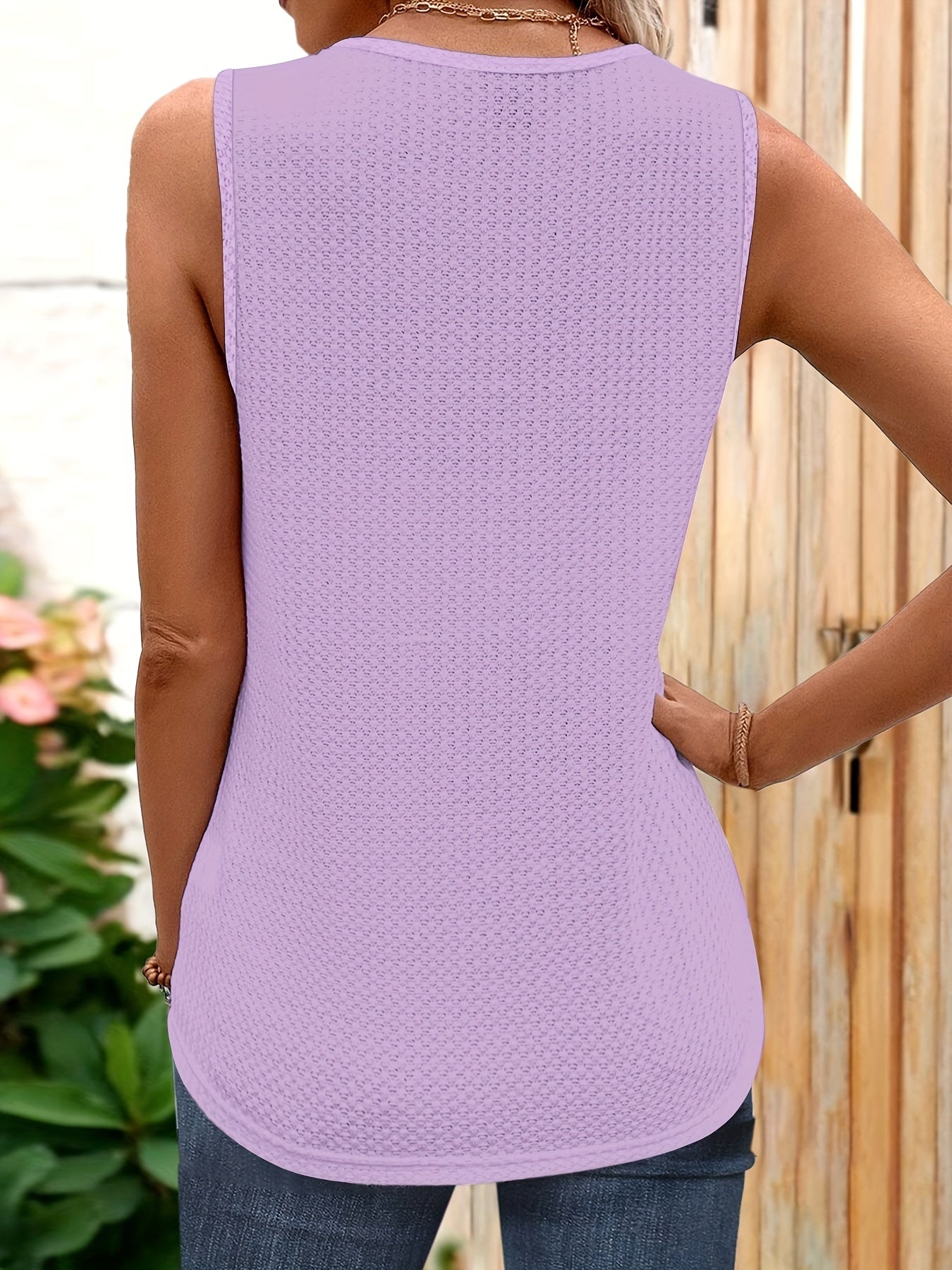Guipure Lace Waffle Tank Top V Neck Sleeveless Casual Top